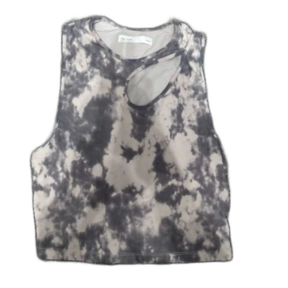 OAK + FORT gray and white tie dye Cropped Tank with Cutout M